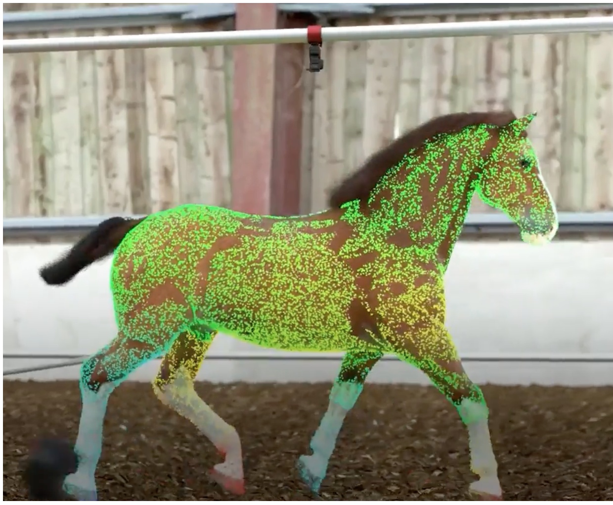A trotting horse overlaid with AI tracking points